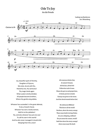 Beethoven - Ode to Joy for clarinet with chords in Db major.