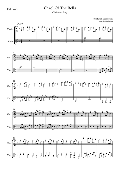 Carol Of The Bells (Christmas Song) for Violin & Viola Duo (D Minor)