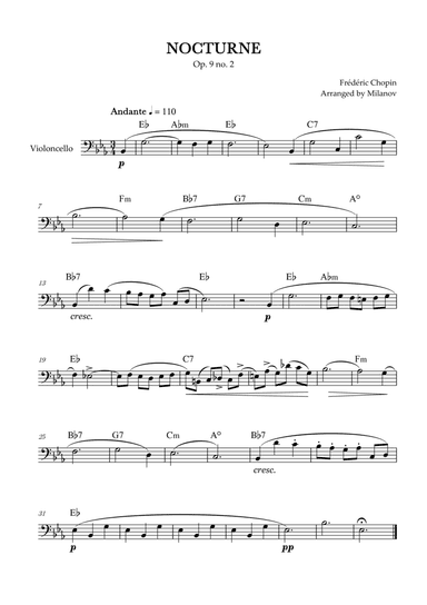 Chopin Nocturne op. 9 no. 2 | Cello | E-flat Major | Chords | Easy beginner