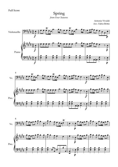Spring (from Four Seasons of Antonio Vivaldi) for Cello Solo and Piano Accompaniment