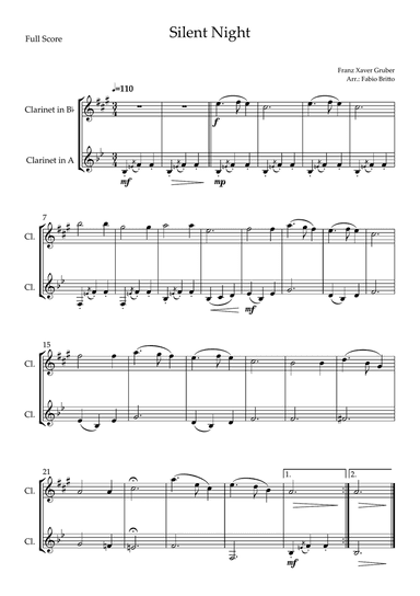 Silent Night (Christmas Song) for Clarinet in Bb & Clarinet in A Duo