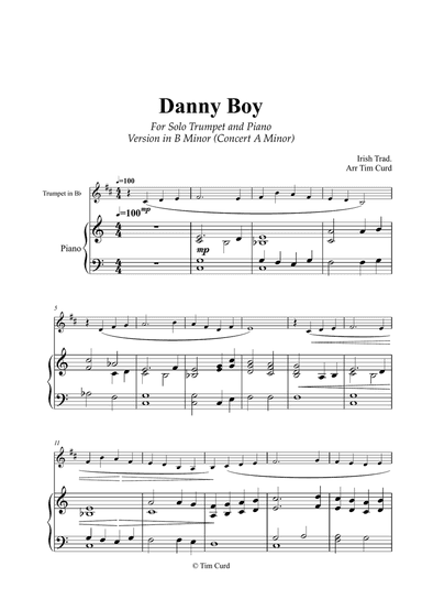 Danny Boy for Solo Trumpet in Bb and Piano. B Minor Version (Concert A Minor)
