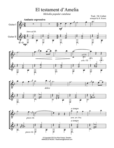 El Testament d'Amelia for guitar duo