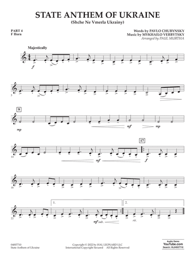 State Anthem of Ukraine (Shche Ne Vmerla Ukrainy) (arr. Murtha) - Pt.4 - F Horn