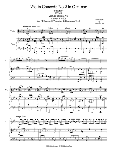 Vivaldi - Concerto No.2 in G minor Op.8 Summer RV 315 for Violin and Piano