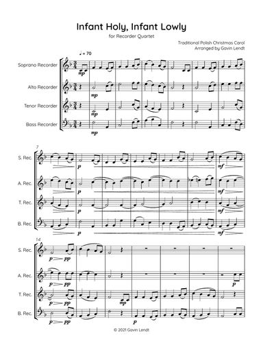 Infant Holy, Infant Lowly for Recorder Quartet