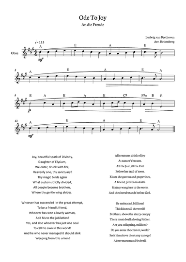 Beethoven - Ode To Joy for oboe in A with chords