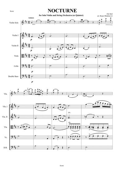Ole Bull - Nocturne - for Solo Violin and String Orchestra (or Quintet)
