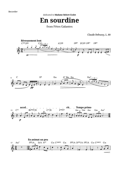 En sourdine by Debussy for Recorder and Chords