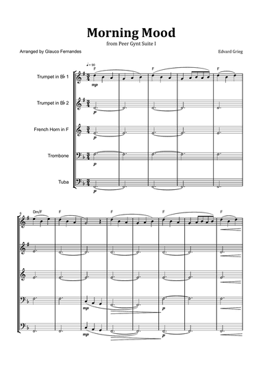 Morning Mood by Grieg - Brass Quintet with Chord Notation