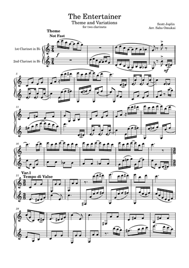 Scott Joplin: The Entertainer Theme and Variations for two Clarinets.