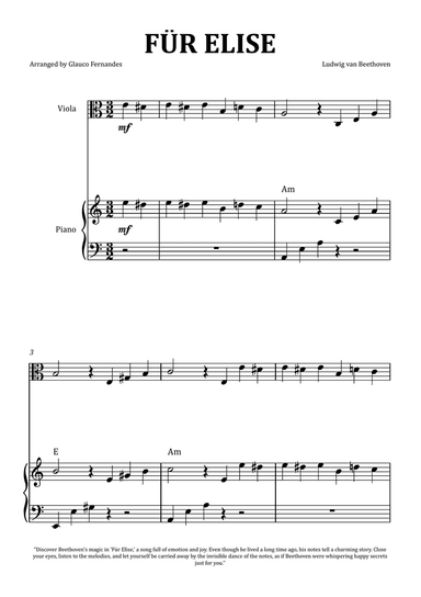 Für Elise by Beethoven - Viola and Piano with Chord Notation