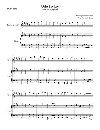 Ode To Joy Theme (from Beethoven's 9th Symphony) for Trumpet in Bb Solo and Piano Accompaniment