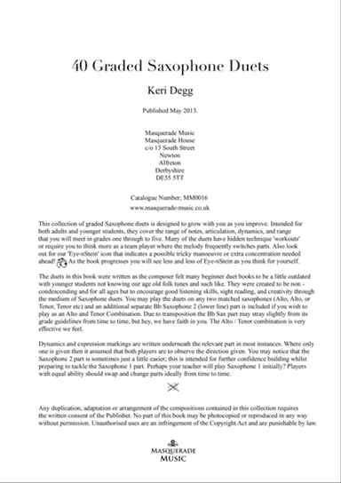 40 Graded Saxophone Duets (Grades 1-5) in various styles (Ragtime, Classical, Baroque, Comedy, Jazz,