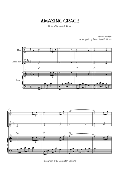 Amazing Grace • easy flute and clarinet sheet music with piano accompaniment (with chords)