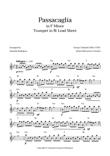 Passacaglia - Easy Trumpet in Bb Lead Sheet in Fm Minor (Johan Halvorsen's Version)