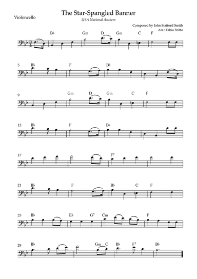 The Star Spangled Banner (USA National Anthem) for Cello Solo with Chords (Bb Major)