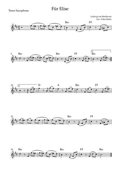 Für Elise (Beethoven) for Tenor Saxophone Solo with Chords (Simplified)