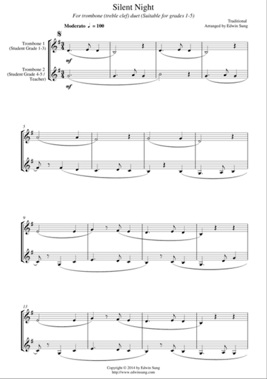 Silent Night (for trombone duet (treble clef), suitable for grades 1-5)