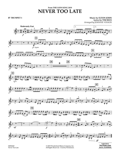 Never Too Late (from The Lion King 2019) (arr. Johnnie Vinson) - Bb Trumpet 1