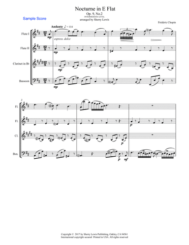 NOCTURNE by Chopin, Op.9 No.2, Woodwind Quartet, Intermediate Level for 2 flutes, clarinet and basso