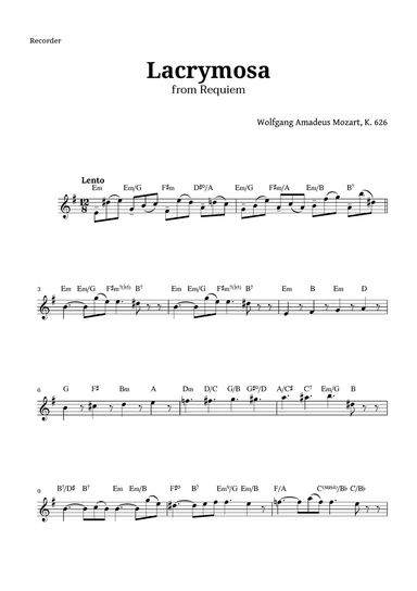 Lacrymosa from Requiem by Mozart for Recorder