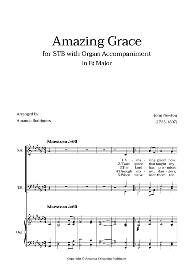 Amazing Grace in F# Major - Soprano, Tenor and Bass with Organ Accompaniment