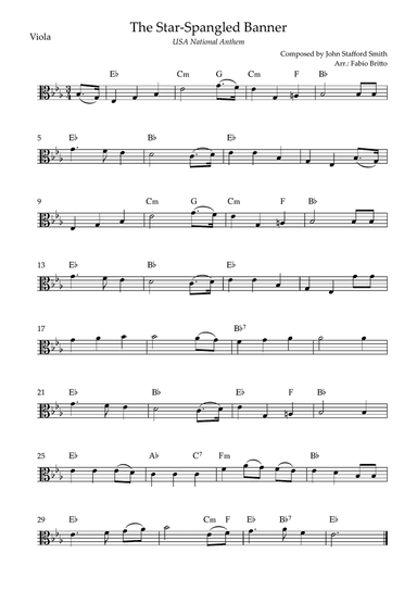 The Star Spangled Banner (USA National Anthem) for Viola Solo with Chords (Eb Major)