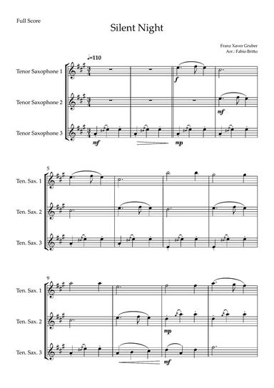 Silent Night (Christmas Song) for Tenor Saxophone Trio
