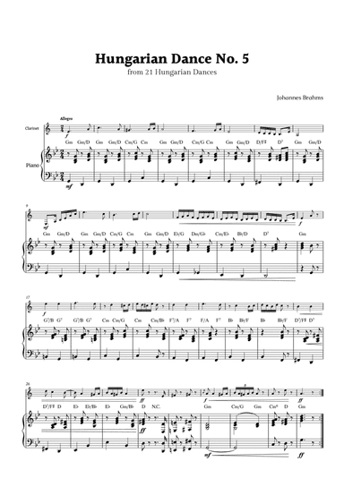 Hungarian Dance No. 5 by Brahms for Clarinet and Piano with Chords