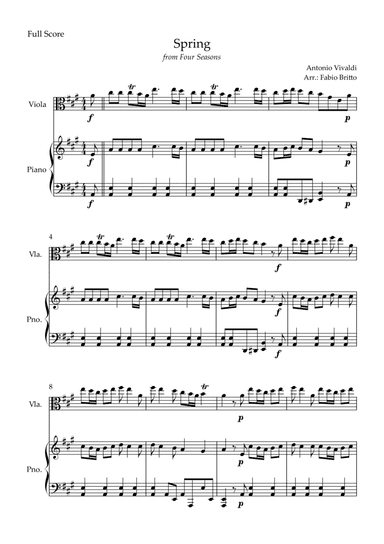 Spring (from Four Seasons of Antonio Vivaldi) for Viola Solo and Piano Accompaniment (In A Major)