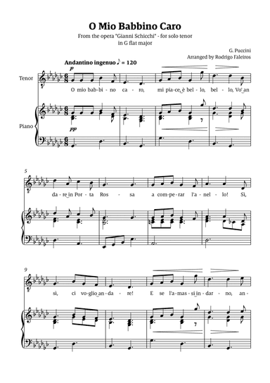O Mio Babbino Caro - for tenor (in G flat major)