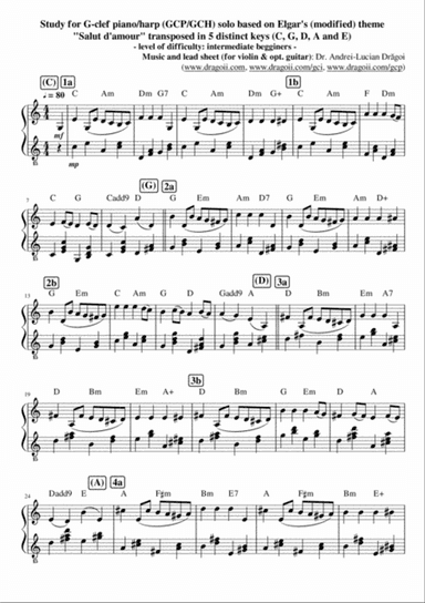 Study for G-clef piano/harp (GCP/GCH) solo based on Elgar's (modified) theme "Salut d'amour" transpo