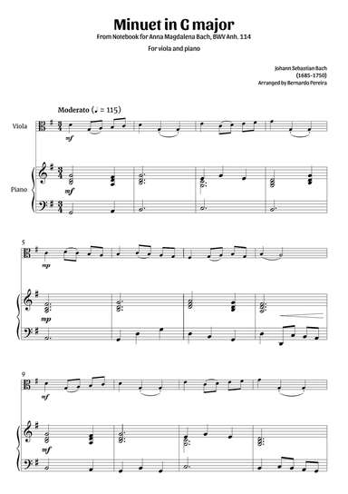 Minuet in G major (viola and piano – clean sheet music)