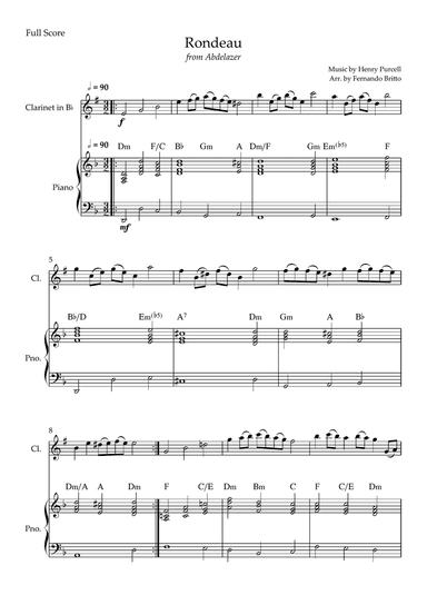 Rondeau (from Abdelazer) for Clarinet in Bb Solo and Piano Accompaniment with Chords