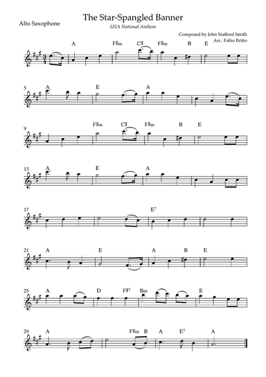 The Star Spangled Banner (USA National Anthem) for Alto Saxophone Solo with Chords (C Major)