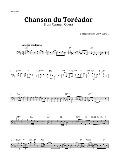 Chanson du Toreador by Bizet for Trombone