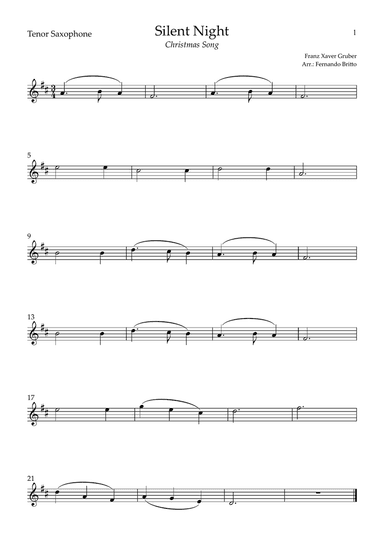 Silent Night (Christmas Song) for Tenor Saxophone Solo (C Major)