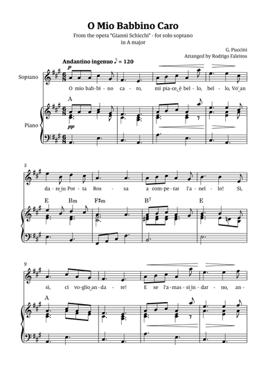 O Mio Babbino Caro - for soprano (in A major)