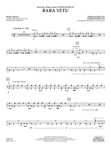 Baba Yetu (from Civilization IV) (arr. Robert Longfield) - Percussion 1