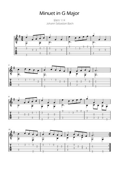 Bach Minuet in G major for Easy guitar with Tabs