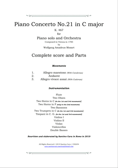 Mozart - Piano Concerto No.21 in C major K 467 for Piano solo and Orchestra - Score and Parts