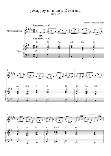 Jesu, joy of man's Desiring for Alto Sax and Piano (With Chords) - Score and Parts