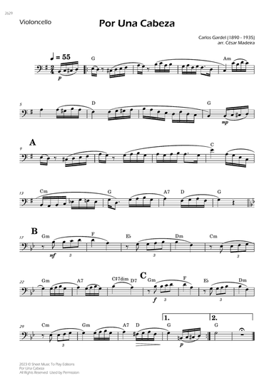 Por Una Cabeza - Cello Solo - W/Chords