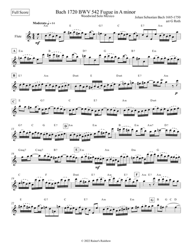 Bach 1720 BWV 542 Fugue in Am or Gm Flute Solo