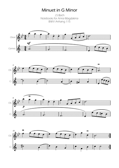 Minuet in G minor BWV Anh. 115 - Bach - Clarinet and Oboe