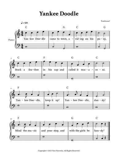 Yankee Doodle - Easy Piano in C (with Lyrics)
