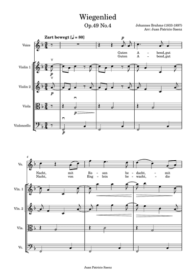Johannes Brahms - Wiegenlied Op.49 N.4, String quartet arrangement high voice (F major)