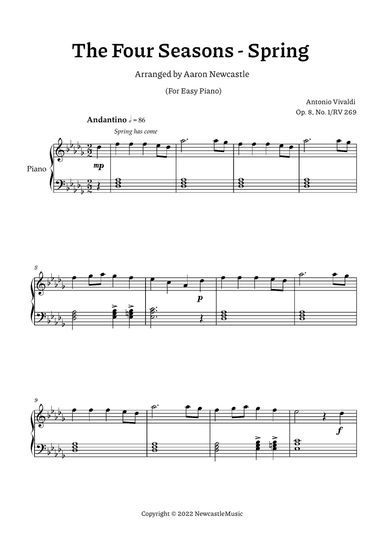 Vivaldi, Spring (The Four Seasons) | Db Major — Easy Piano