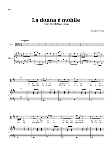 La donna è mobile in D major for Contralto and Piano